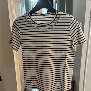 Express Black and White Striped Tee with Jewel Neckline
